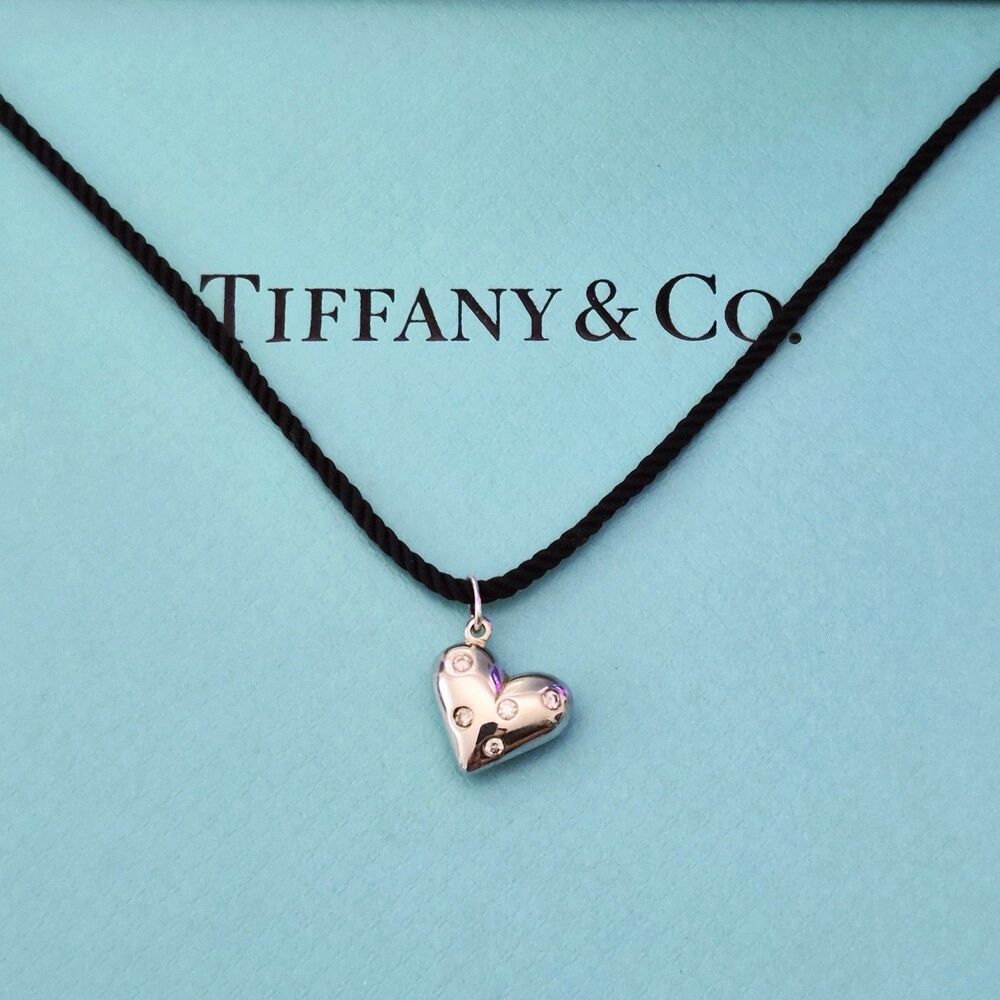 RARE Tiffany & Co. Etoile 5 Diamond Heart Pendant Black Silk Cord Necklace